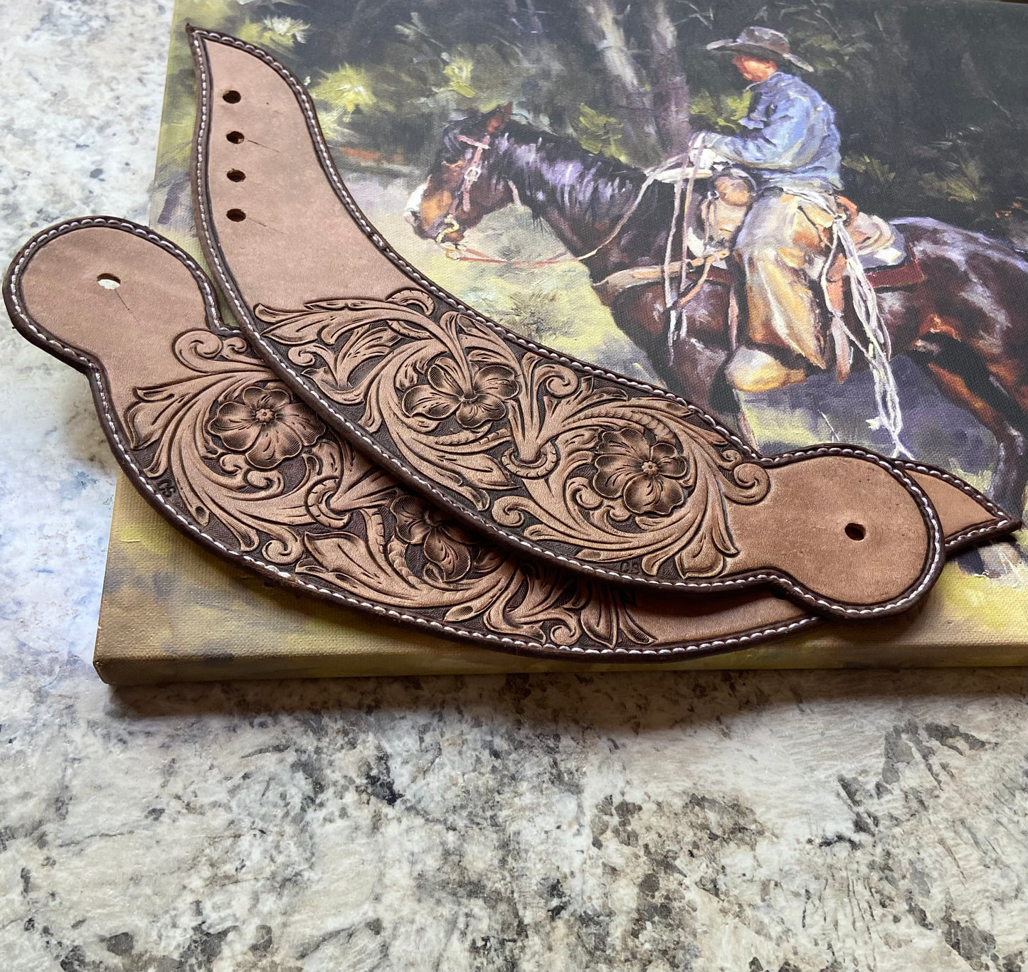 Floral Tooled Dove Wing Spur Straps LRG