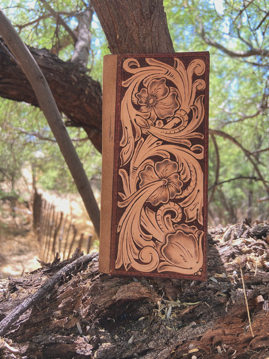 Tooled Floral and Basket Weave Long Wallet