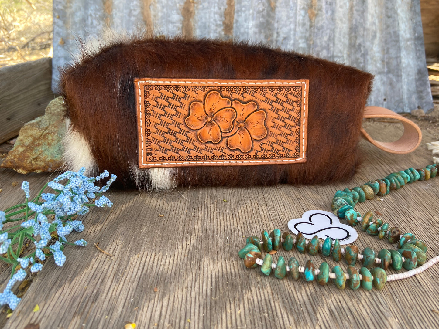 Cowhide Shave Bag with Flower and Basket Stamp Leather Patch